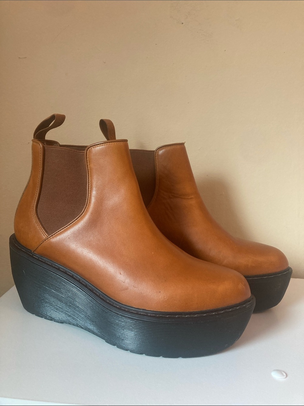 Dr. Martens Tan Leather Platform Chelsea Boots with Black Sole